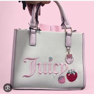 Juicy Couture Cream Satchel with Pink Trim & Strawberry Embroidery